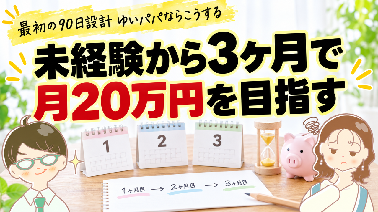 アイキャッチ: 【最初の90日設計】在宅ワーク未経験から3ヶ月で月20万円を目指すなら、ゆいパパならこうする