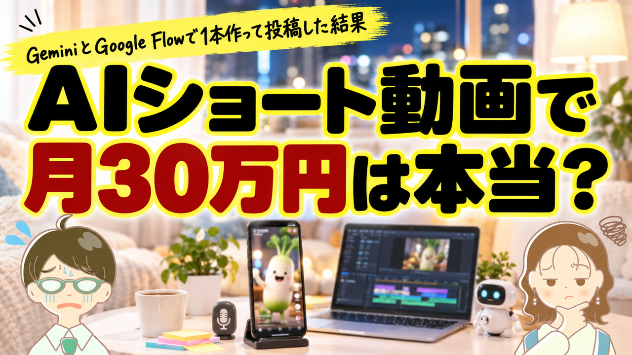 アイキャッチ: 【月30万円？】稼げると話題のAIショート動画を初心者主婦が実際に作って投稿した結果…【Gemini・Google Flow】