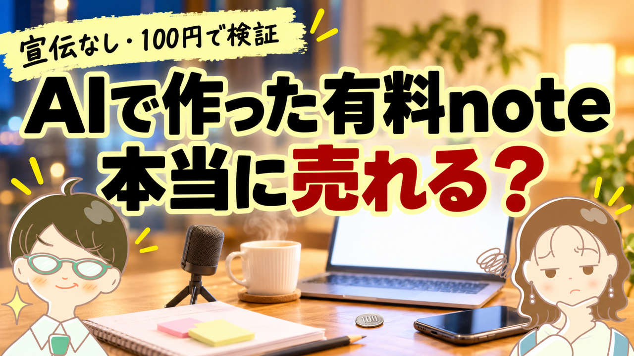 アイキャッチ: 【検証】AIで作った有料noteは本当に売れる？初心者主婦の5ステップとAI丸投げを宣伝なし・100円で売ってみた結果